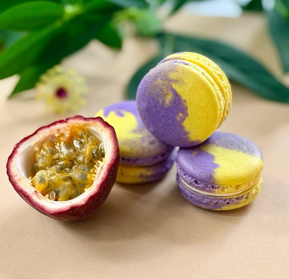 Violet and yellow passion fruit macarons beside a halved passion fruit