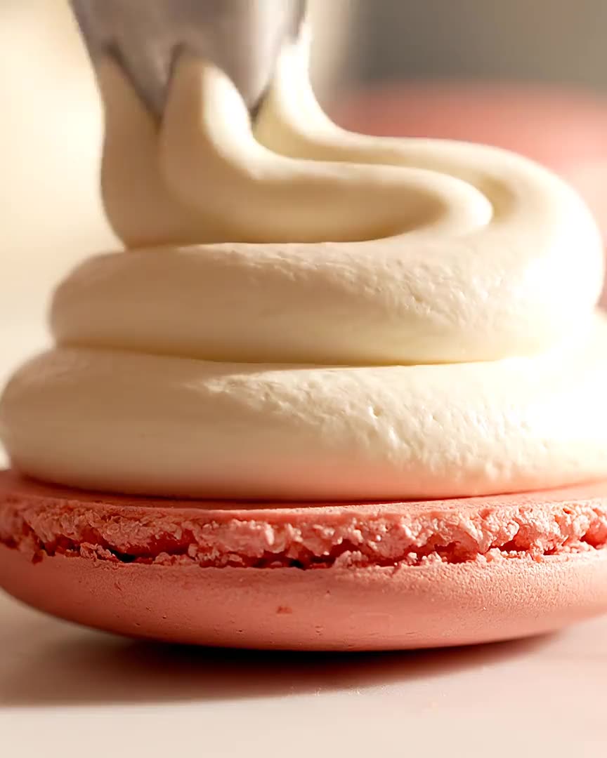 A macaron shell being filled with buttercream and closed by hand